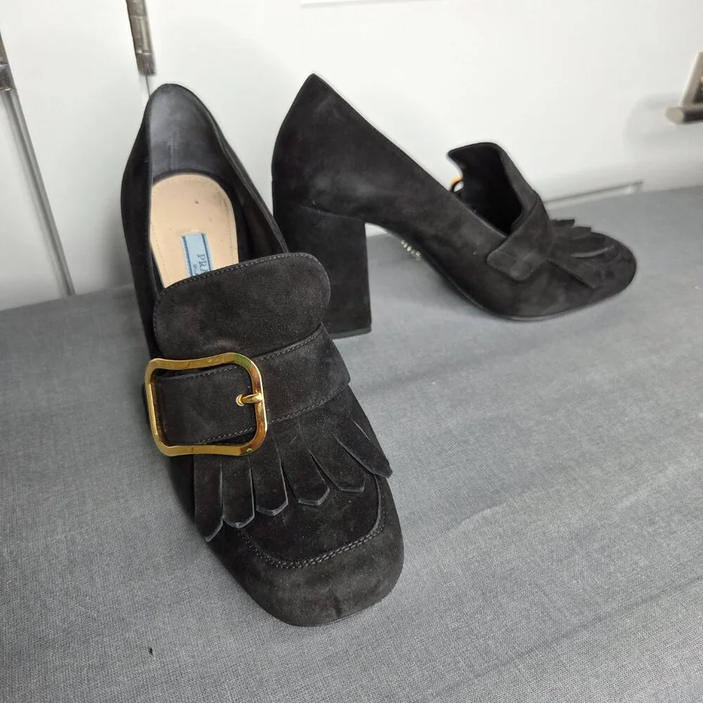 Women's Prada Black Suede Madras Fringe Buckle Slip-On with COA - EU Size 38.5 - Picture 2 of 12